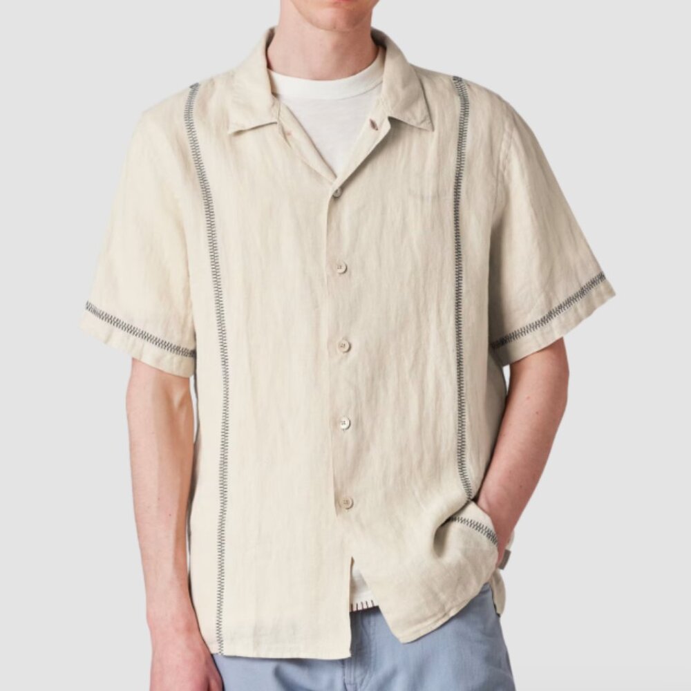 PS Paul Smith Linen Short-Sleeve Blanket-Stitch Shirt Small w/Flaw